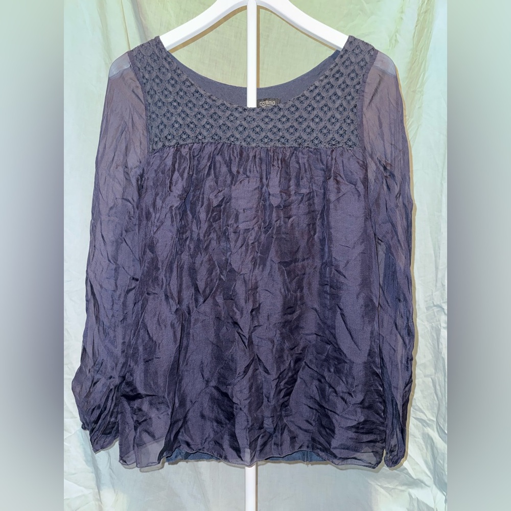 Women's Crochet Yoke Long Sleeve Blouse — Navy